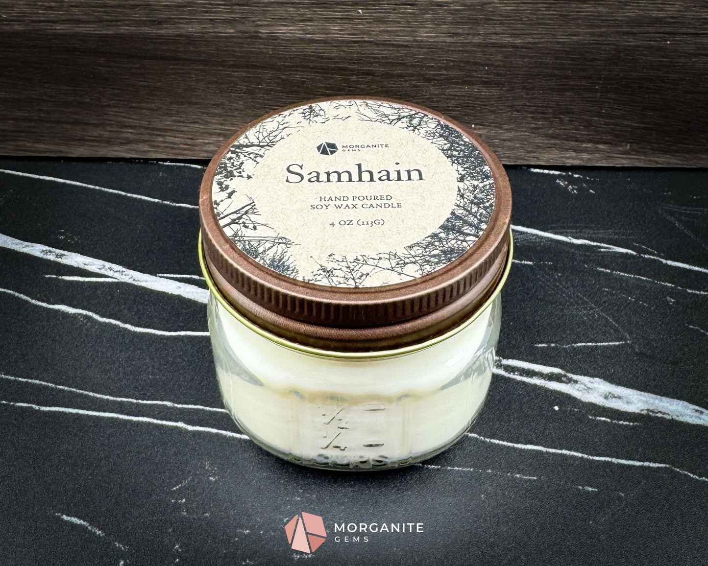 4 oz Samhain Candle – Rustic Fall Candle | Crystals & Herbs | Smoky Amber Apple Scent - Container Candles