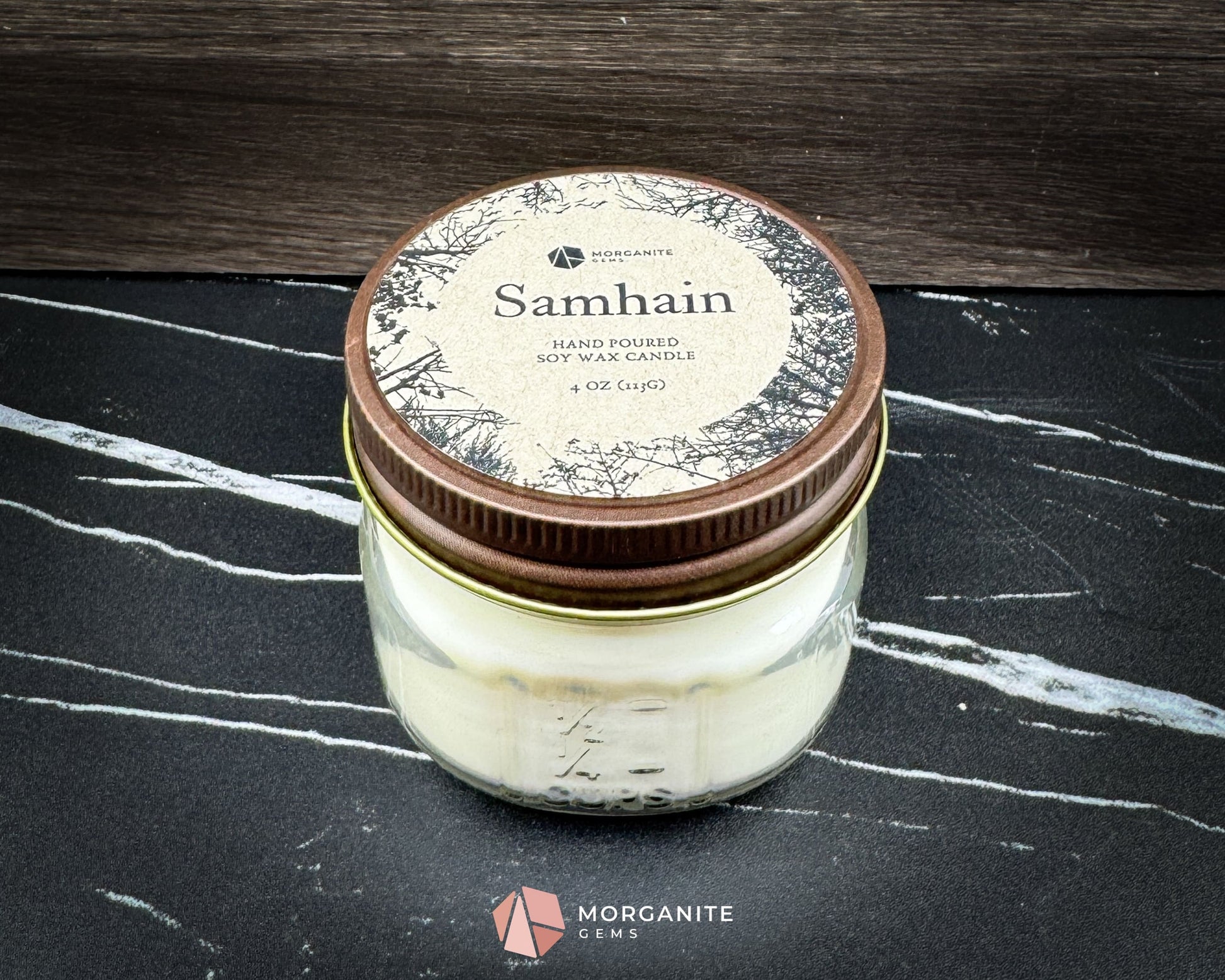 4 oz Samhain Candle – Rustic Fall Candle | Crystals & Herbs | Smoky Amber Apple Scent - Container Candles