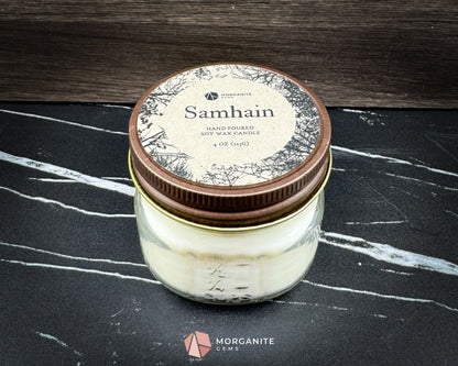 4 oz Samhain Candle – Rustic Fall Candle | Crystals & Herbs | Smoky Amber Apple Scent - Container Candles