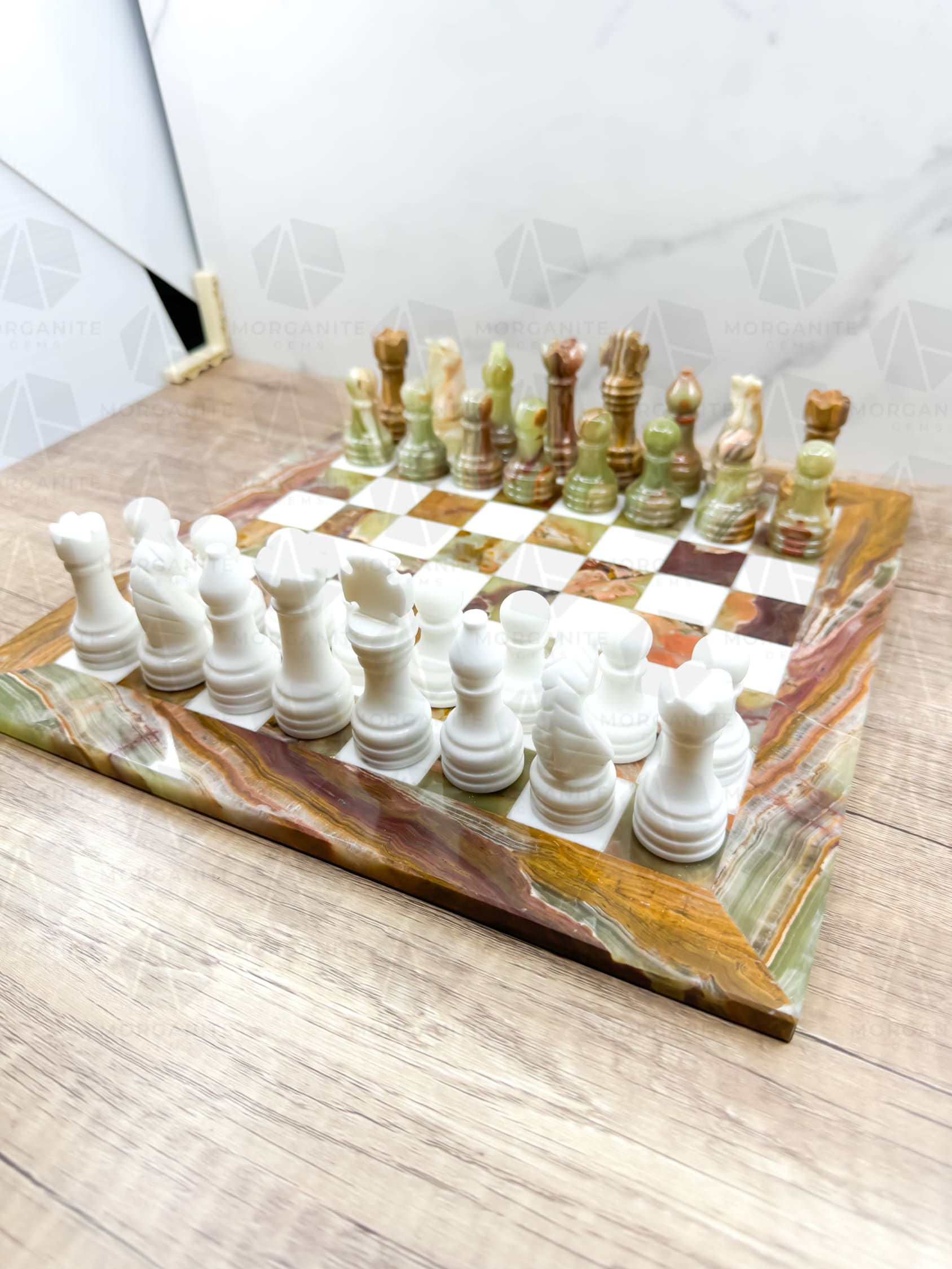 Handcrafted Green Onyx & White Marble Chess Set – 12-Inch Stone Chessboard with Elegant Pieces-Morganite Gems