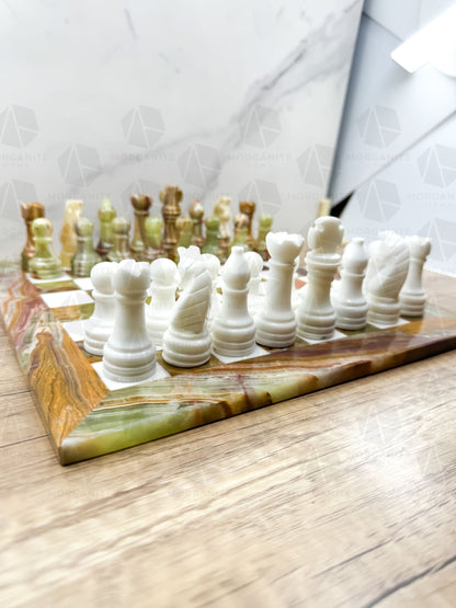 Handcrafted Green Onyx & White Marble Chess Set – 12-Inch Stone Chessboard with Elegant Pieces-Morganite Gems