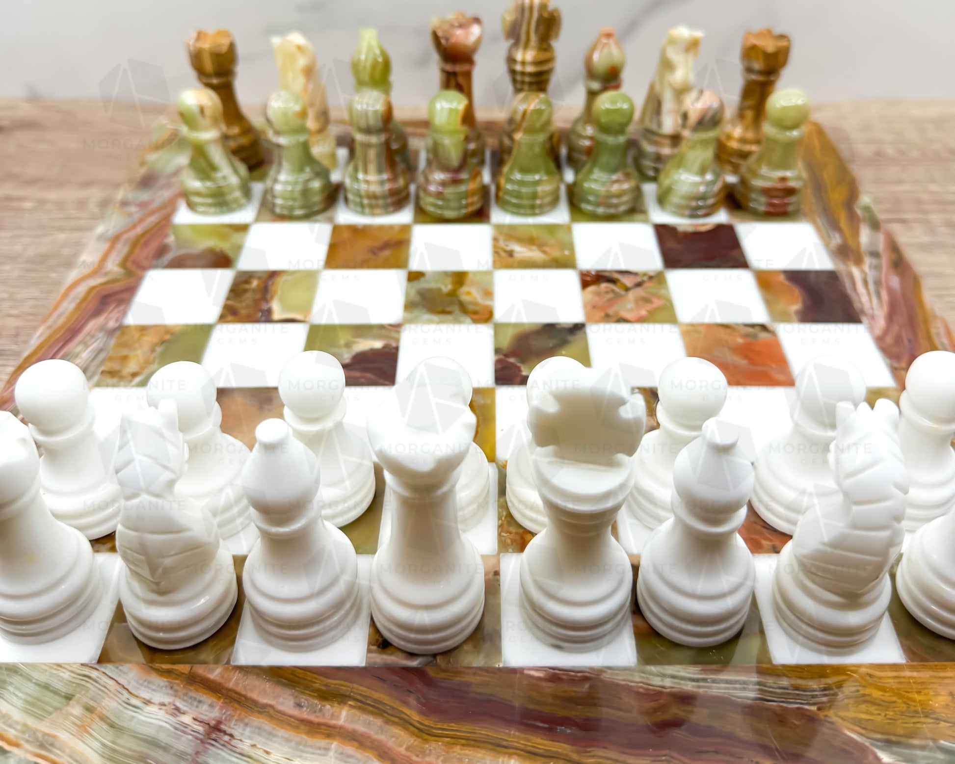 Handcrafted Green Onyx & White Marble Chess Set – 12-Inch Stone Chessboard with Elegant Pieces-Morganite Gems