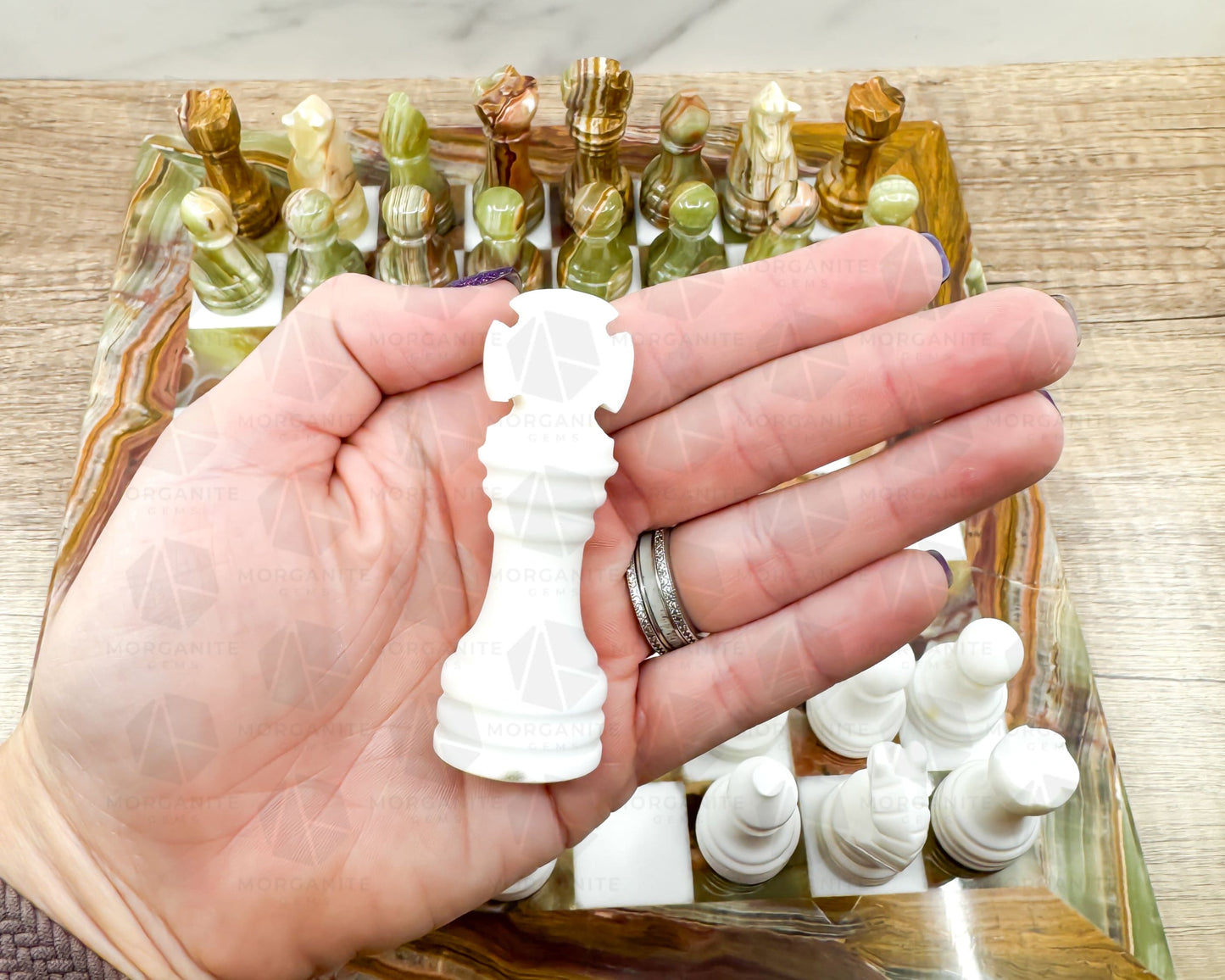 Handcrafted Green Onyx & White Marble Chess Set – 12-Inch Stone Chessboard with Elegant Pieces-Morganite Gems