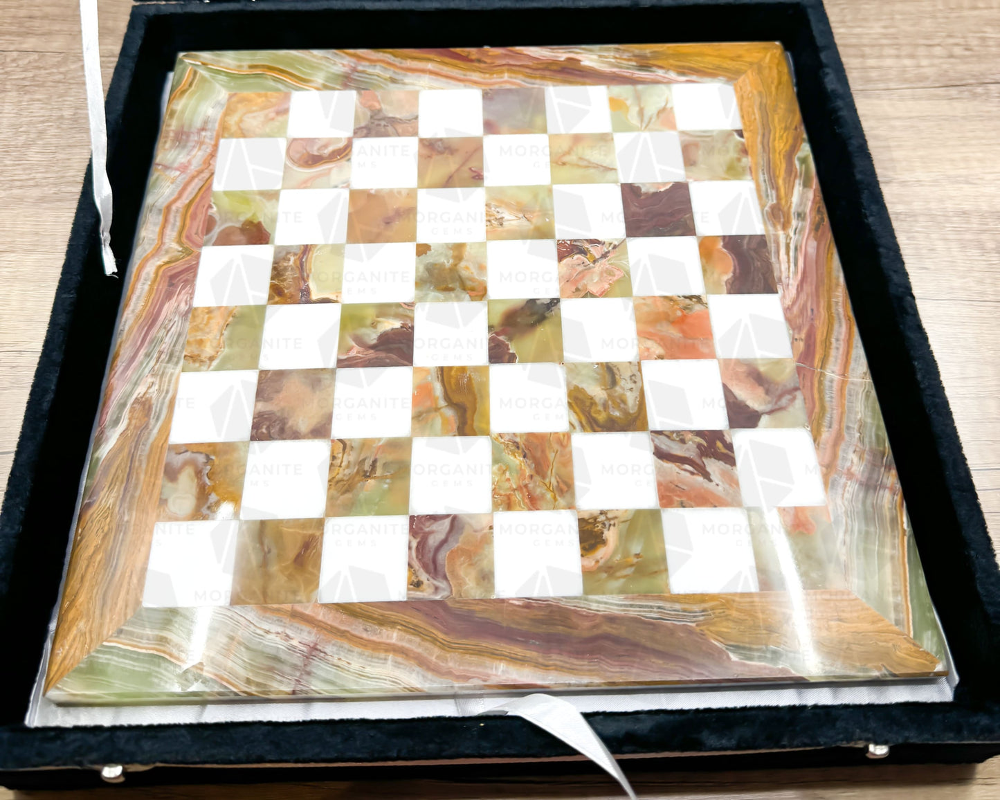 Handcrafted Green Onyx & White Marble Chess Set – 12-Inch Stone Chessboard with Elegant Pieces-Morganite Gems