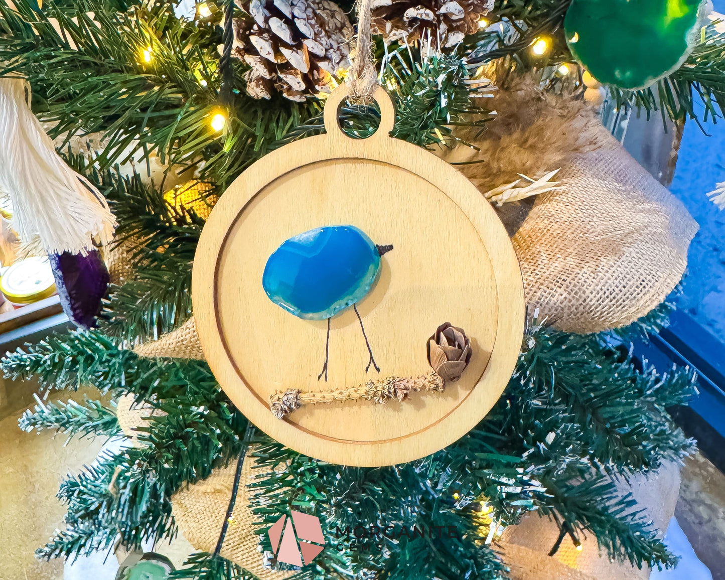 Handmade Agate Bird Christmas Ornament (90mm) - Boho Gemstone Holiday Decor in Red Blue Purple & Yellow - Home & Living