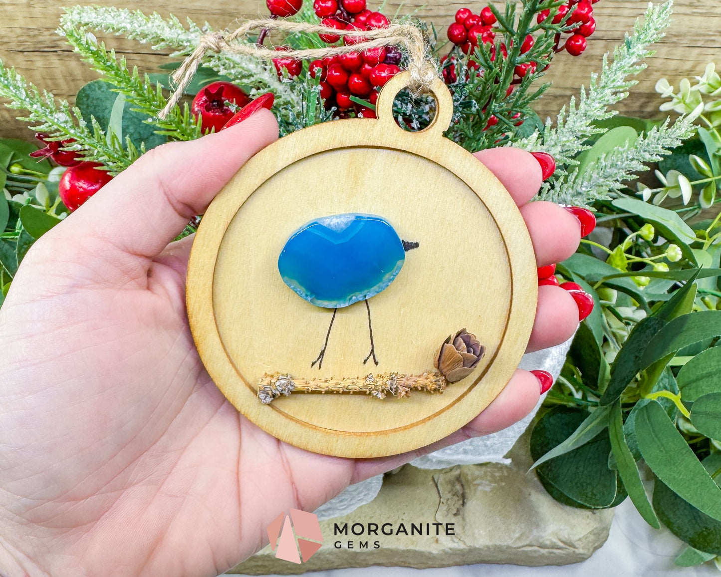 Handmade Agate Bird Christmas Ornament (90mm) - Boho Gemstone Holiday Decor in Red Blue Purple & Yellow - Blue - Home &