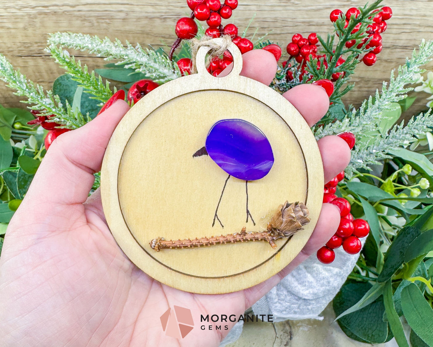 Handmade Agate Bird Christmas Ornament (90mm) - Boho Gemstone Holiday Decor in Red Blue Purple & Yellow - Purple - Home