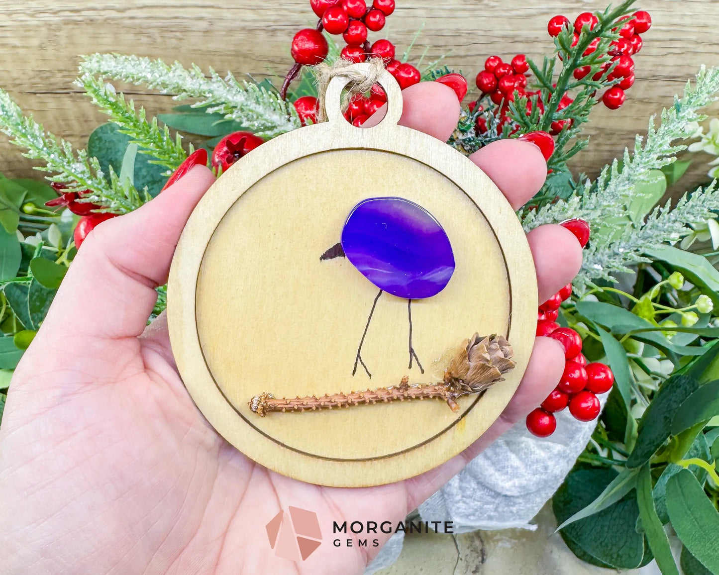 Handmade Agate Bird Christmas Ornament (90mm) - Boho Gemstone Holiday Decor in Red Blue Purple & Yellow - Purple - Home