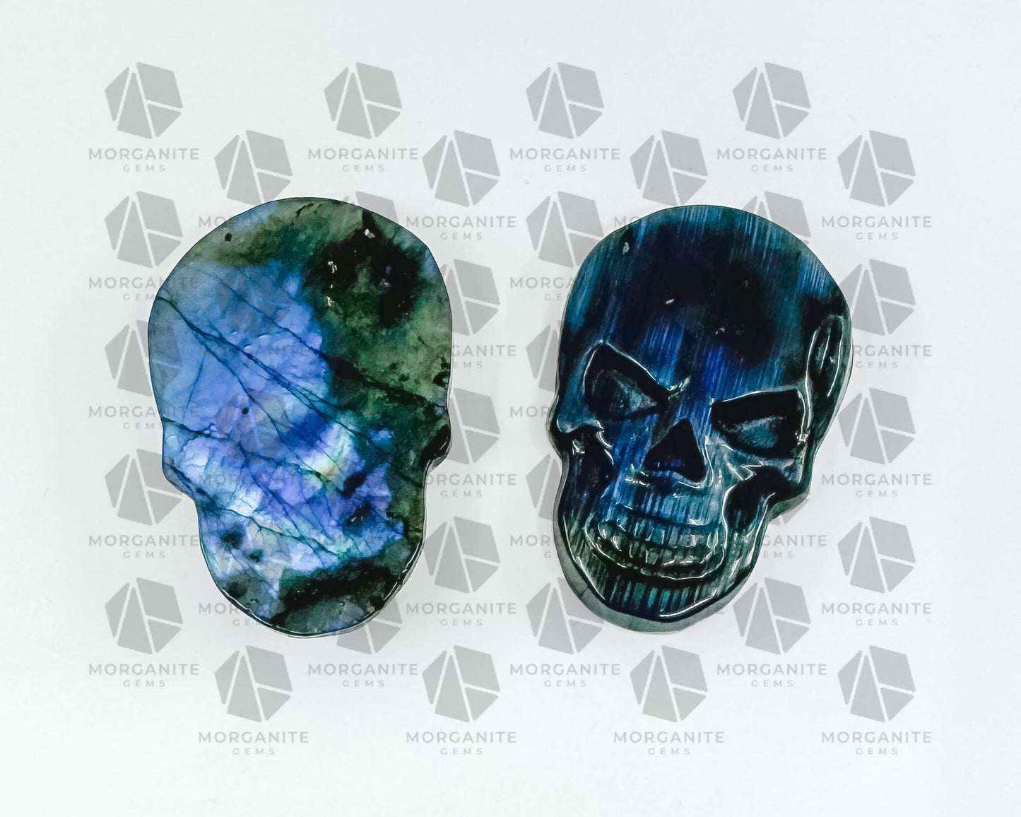 High-Quality Labradorite Skull Carving – Handcrafted Crystal Art-Morganite Gems