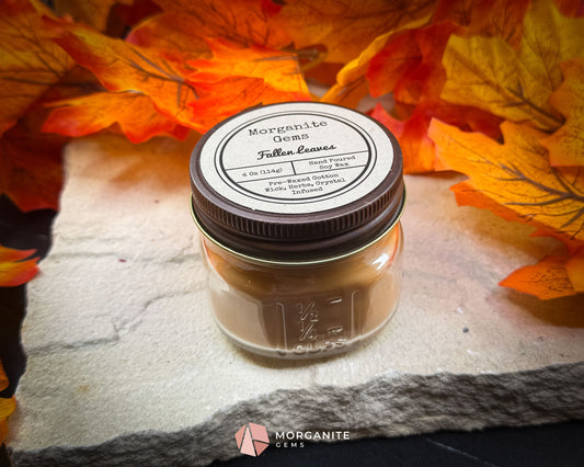 4 oz Mason Jar Fall Candle – Fallen Leaves Scent | Autumn Crystals & Dried Leaves | Small Rustic Fall Candle