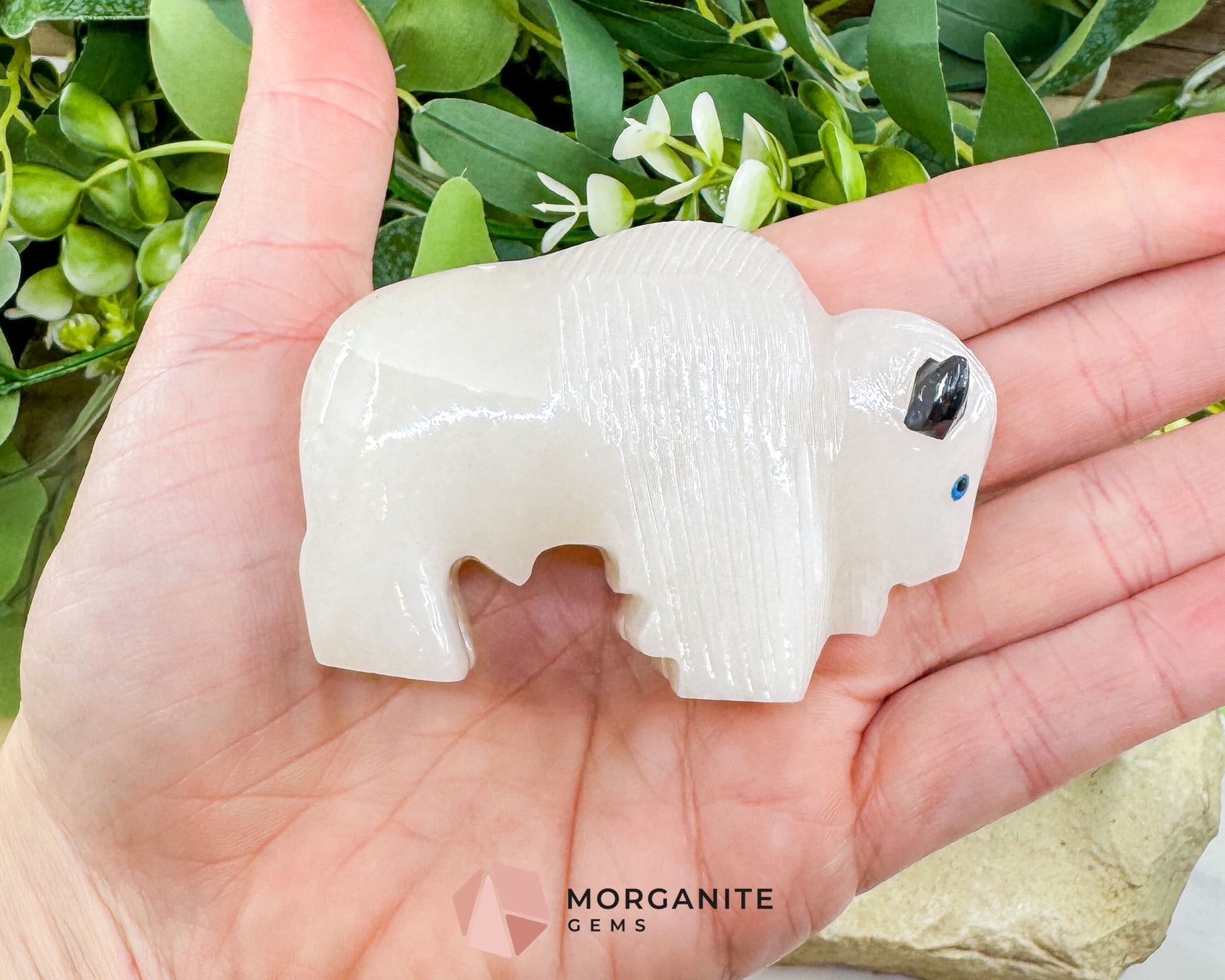 Large Hand-Carved Alabaster Buffalo – 2.7’’ Wide Spirit Animal Figurine for Strength & Grounding - Metaphysical Crystals