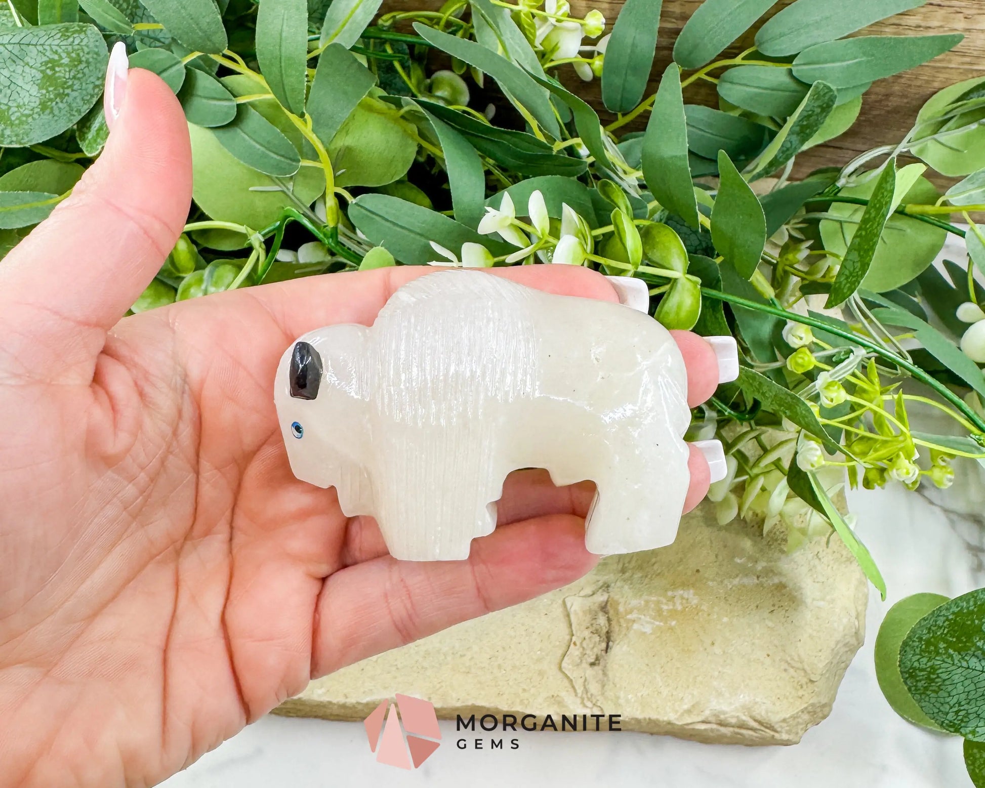 Large Hand-Carved Alabaster Buffalo – 2.7’’ Wide Spirit Animal Figurine for Strength & Grounding - Metaphysical Crystals