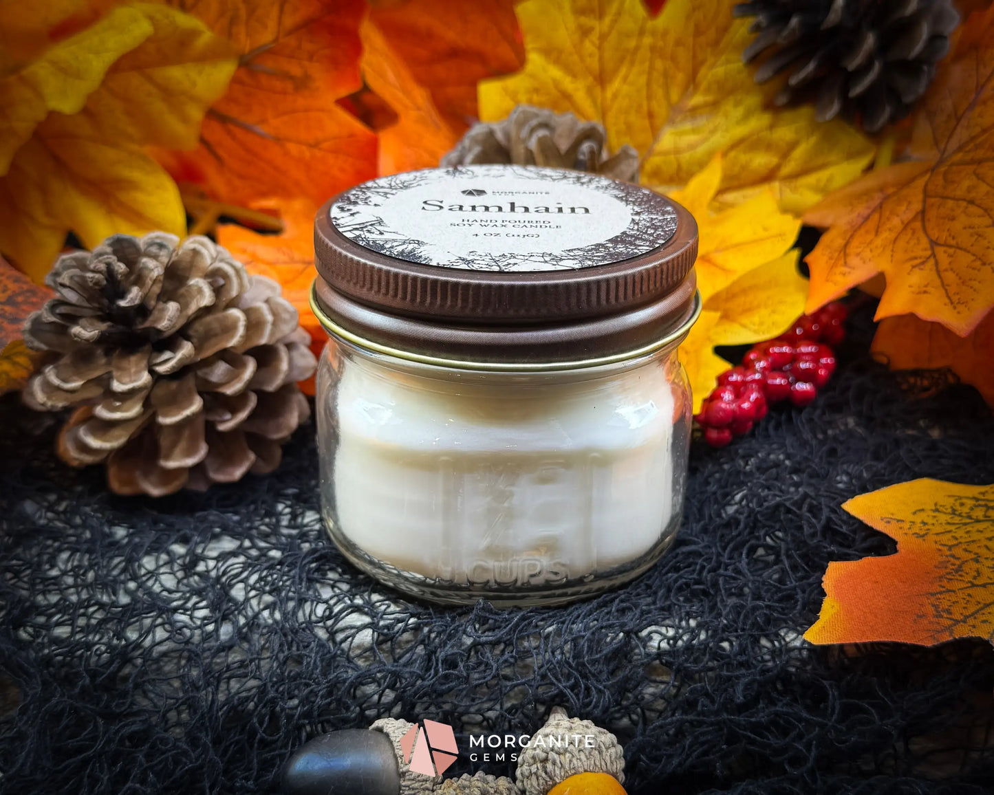 4 oz Samhain Candle – Rustic Fall Candle | Crystals & Herbs | Smoky Amber Apple Scent - Container Candles