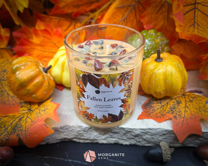 Fallen Leaves Candle – 8 oz Autumn Scented Soy Candle with Crystals & Dried Leaves | Cinnamon Apple Citrus | Fall Decor