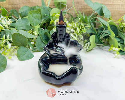 Lotus Black Ceramic Backflow Incense Burner – 4.8’’ Waterfall Smoke Fountain for Meditation & Zen Decor - Incense