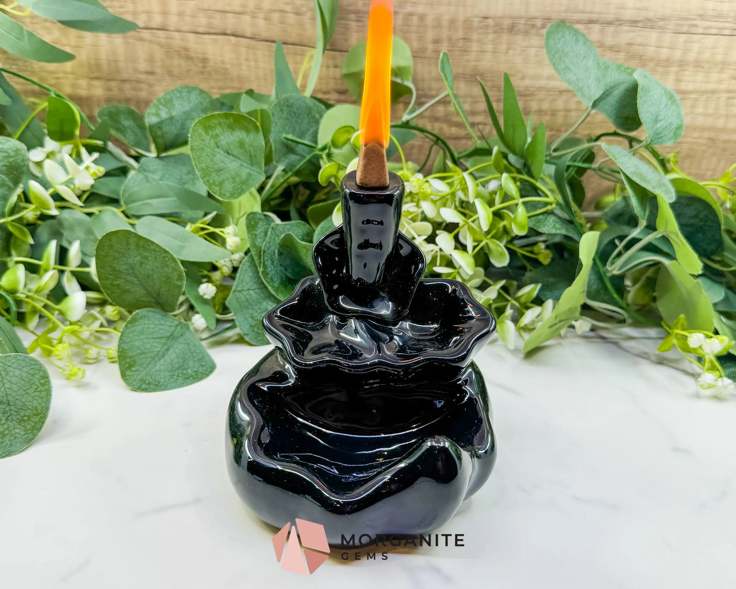 Lotus Black Ceramic Backflow Incense Burner – 4.8’’ Waterfall Smoke Fountain for Meditation & Zen Decor - Incense