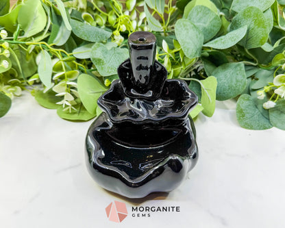Lotus Black Ceramic Backflow Incense Burner – 4.8’’ Waterfall Smoke Fountain for Meditation & Zen Decor - Incense