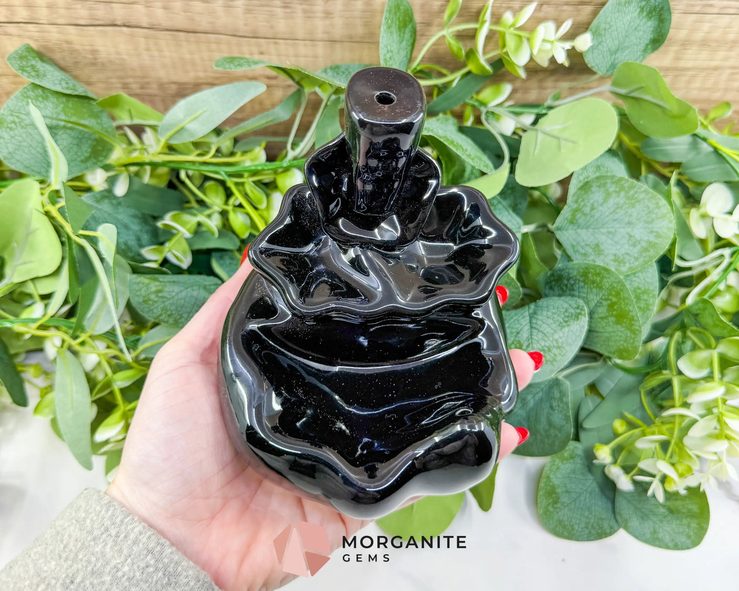 Lotus Black Ceramic Backflow Incense Burner – 4.8’’ Waterfall Smoke Fountain for Meditation & Zen Decor - Incense