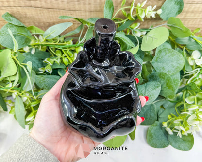 Lotus Black Ceramic Backflow Incense Burner – 4.8’’ Waterfall Smoke Fountain for Meditation & Zen Decor - Incense