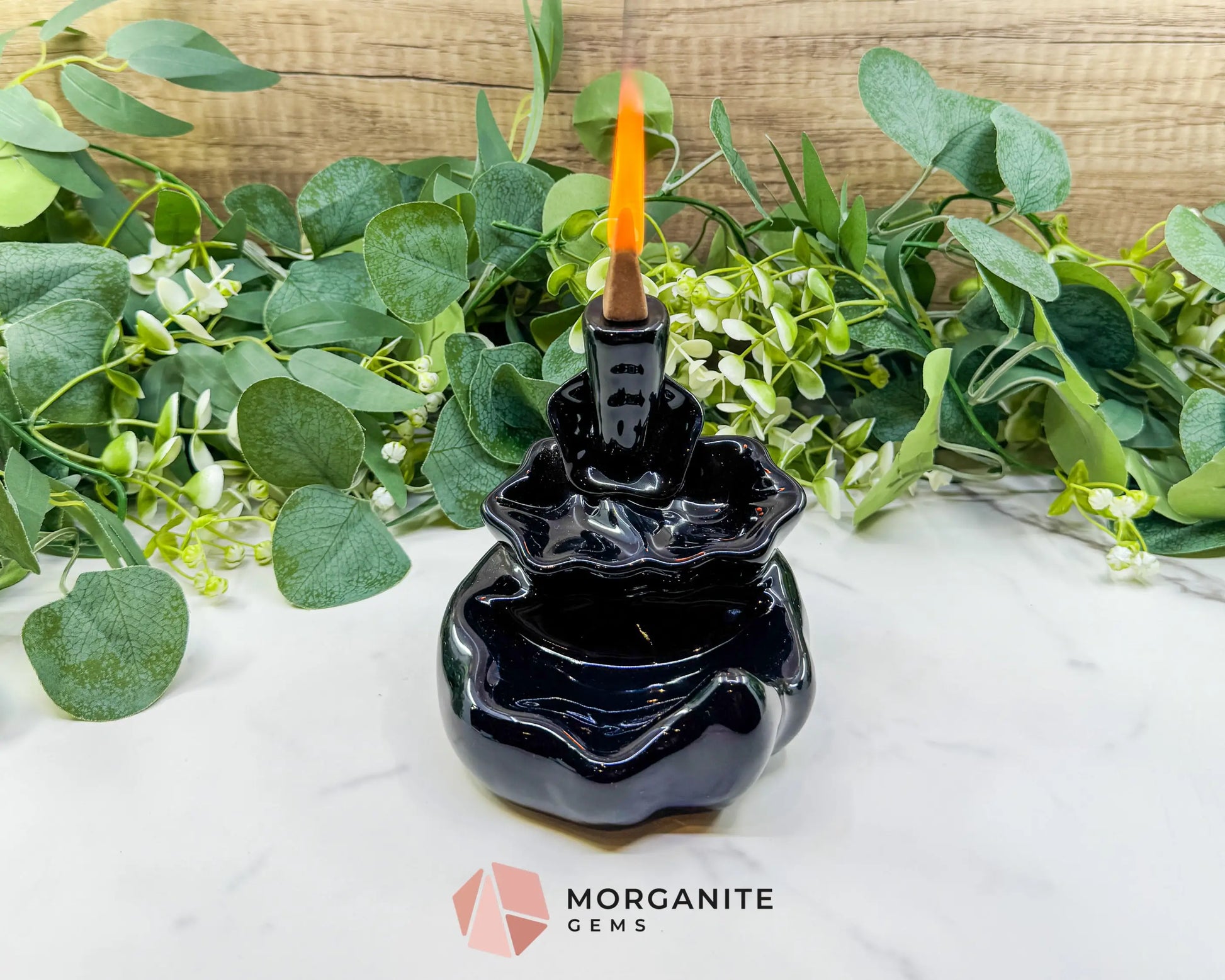 Lotus Black Ceramic Backflow Incense Burner – 4.8’’ Waterfall Smoke Fountain for Meditation & Zen Decor - Incense