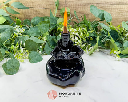 Lotus Black Ceramic Backflow Incense Burner – 4.8’’ Waterfall Smoke Fountain for Meditation & Zen Decor - Incense