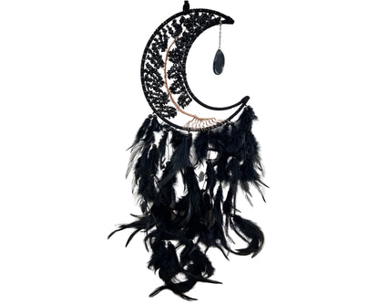 Medium Crescent Moon Dreamcatcher with Black Obsidian & Feathers by Guzel Handcrafts Home & Living
