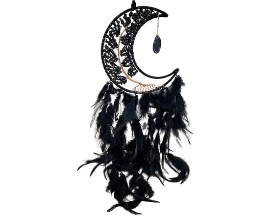 Medium Crescent Moon Dreamcatcher with Black Obsidian & Feathers by Guzel Handcrafts Home & Living