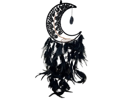 Medium Crescent Moon Dreamcatcher with Black Obsidian & Feathers by Guzel Handcrafts Home & Living
