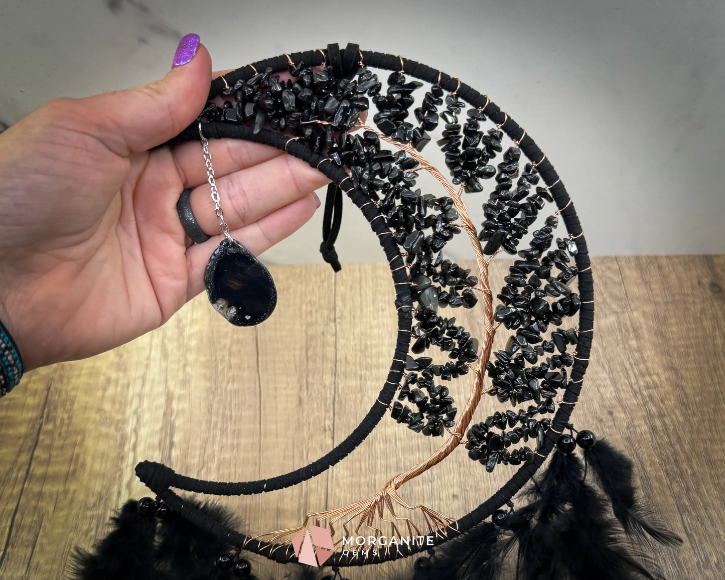 Medium Crescent Moon Dreamcatcher with Black Obsidian & Feathers by Guzel Handcrafts Home & Living