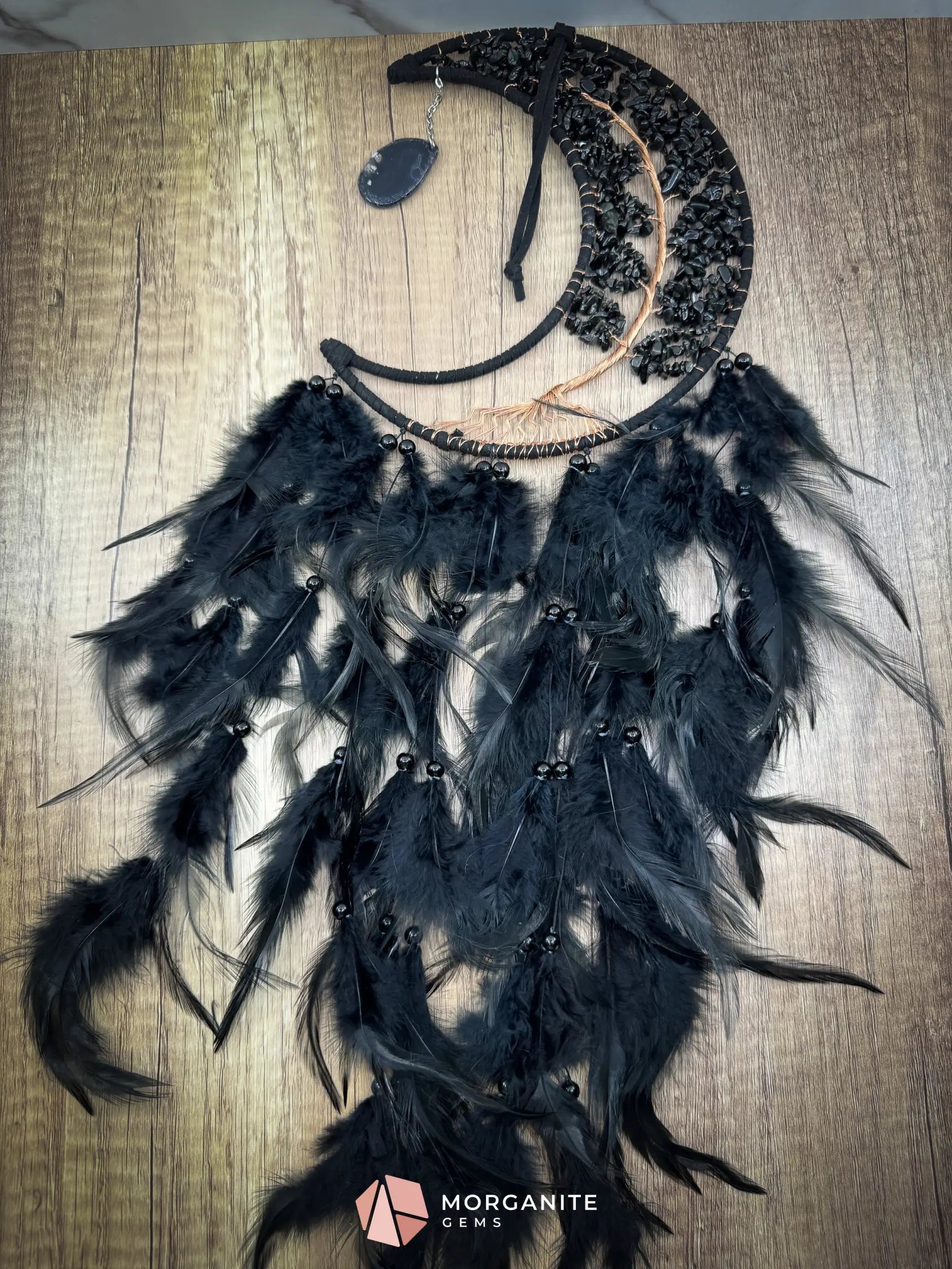 Medium Crescent Moon Dreamcatcher with Black Obsidian & Feathers by Guzel Handcrafts Home & Living
