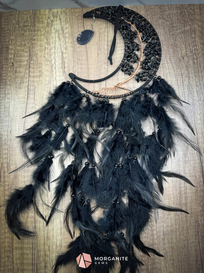 Medium Crescent Moon Dreamcatcher with Black Obsidian & Feathers by Guzel Handcrafts Home & Living