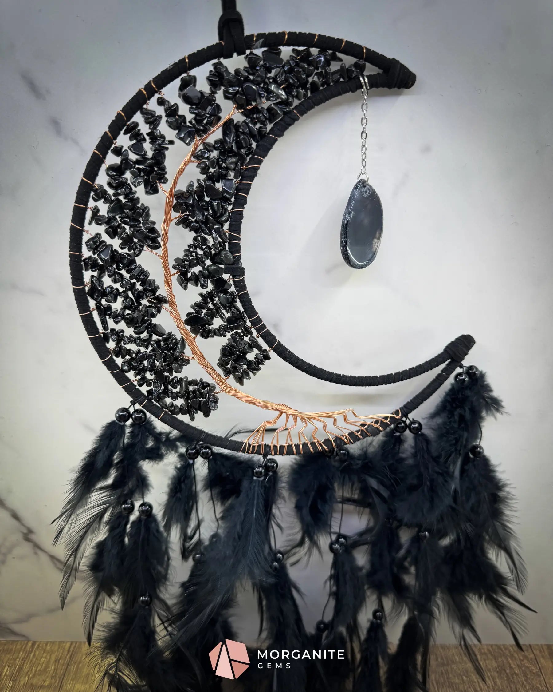 Medium Crescent Moon Dreamcatcher with Black Obsidian & Feathers by Guzel Handcrafts Home & Living