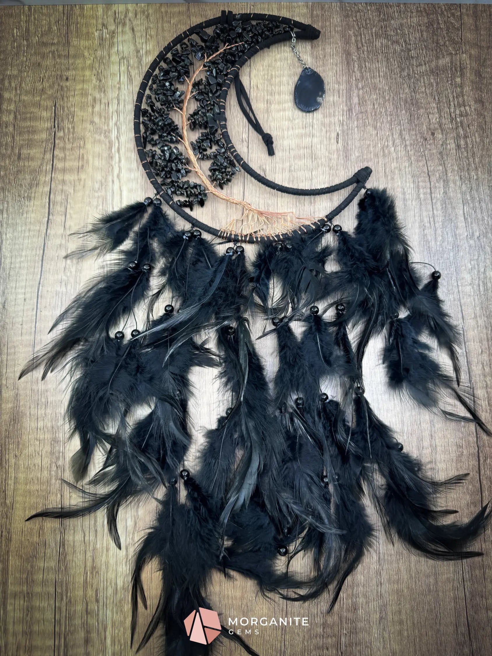 Medium Crescent Moon Dreamcatcher with Black Obsidian & Feathers by Guzel Handcrafts Home & Living