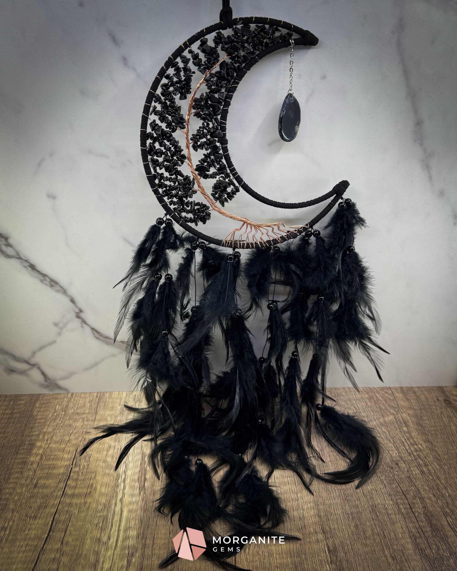 Medium Crescent Moon Dreamcatcher with Black Obsidian & Feathers by Guzel Handcrafts Home & Living