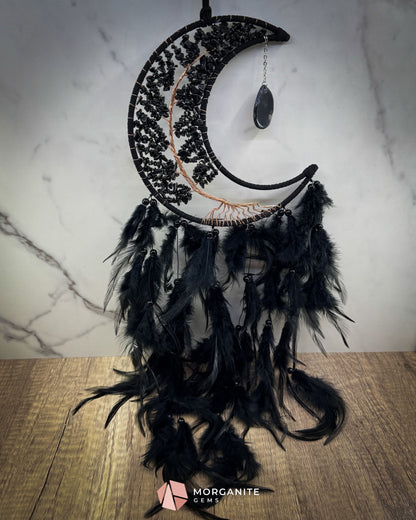 Medium Crescent Moon Dreamcatcher with Black Obsidian & Feathers by Guzel Handcrafts Home & Living