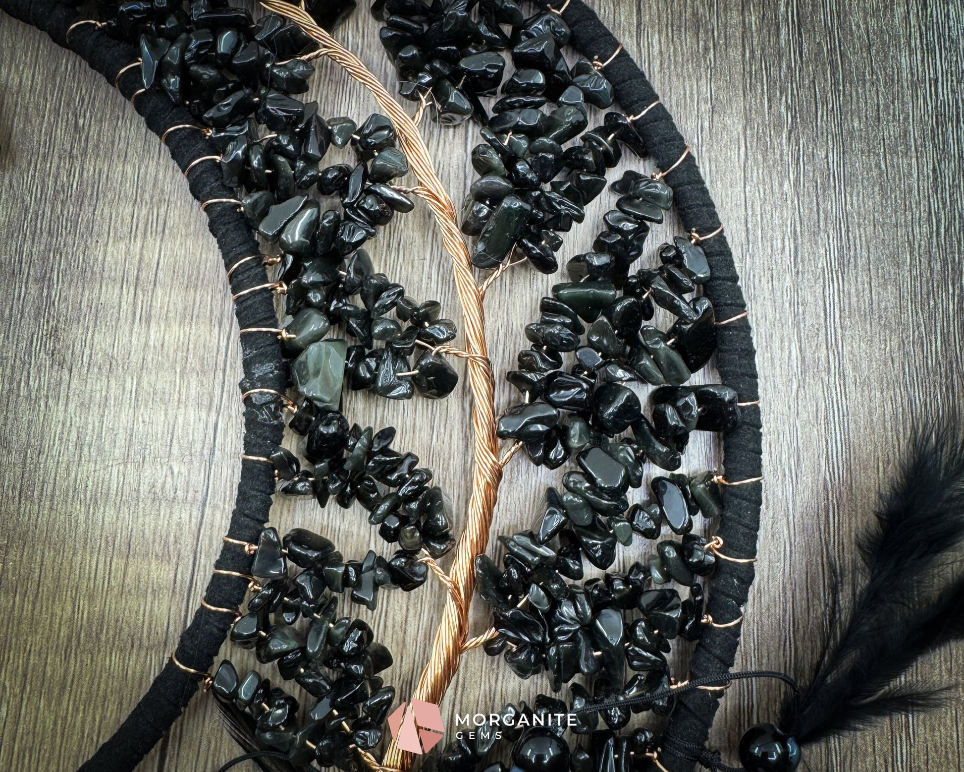 Medium Crescent Moon Dreamcatcher with Black Obsidian & Feathers by Guzel Handcrafts Home & Living