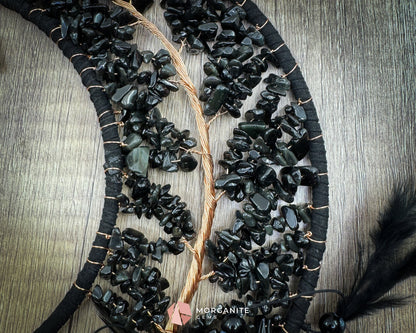 Medium Crescent Moon Dreamcatcher with Black Obsidian & Feathers by Guzel Handcrafts Home & Living