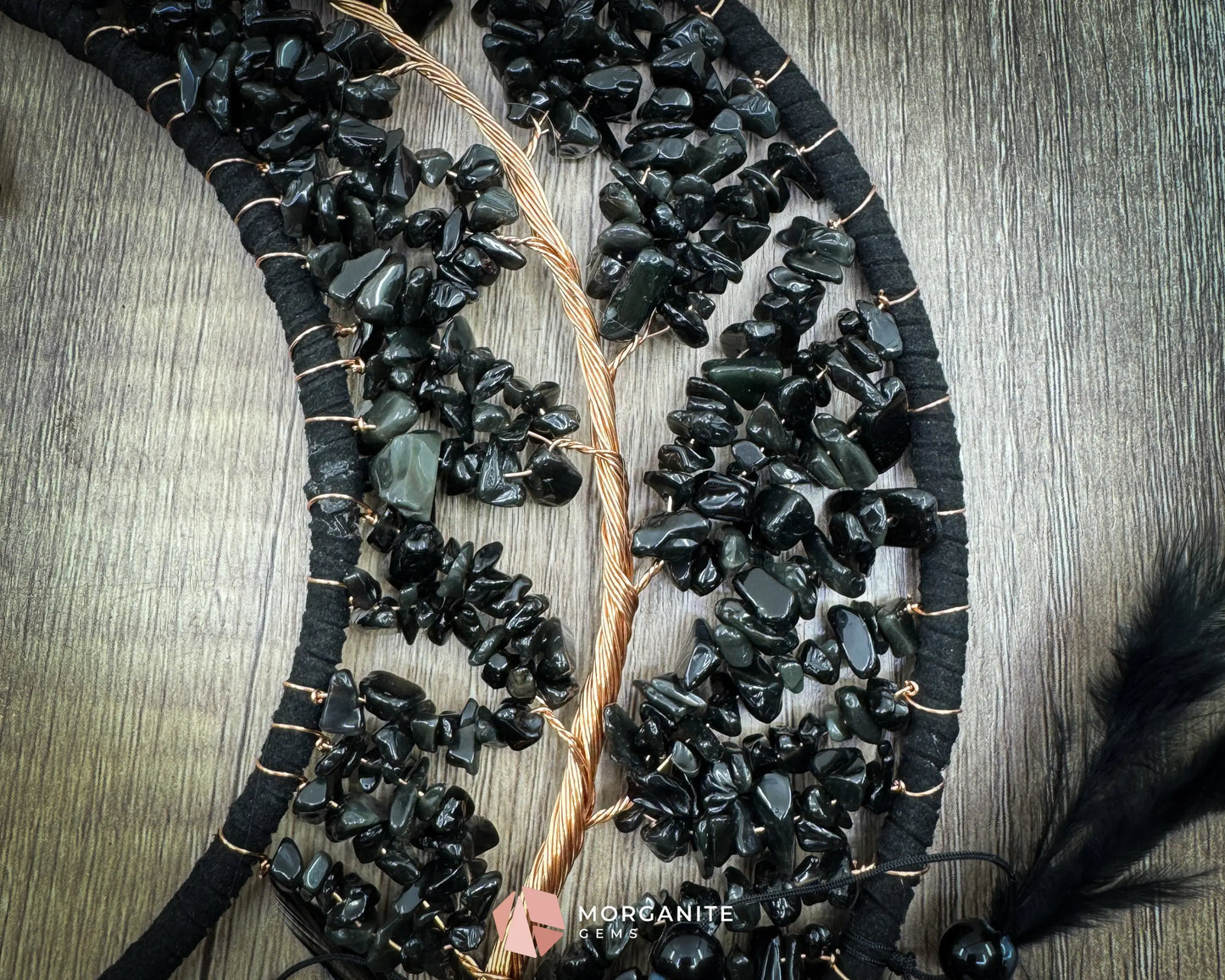 Medium Crescent Moon Dreamcatcher with Black Obsidian & Feathers by Guzel Handcrafts Home & Living