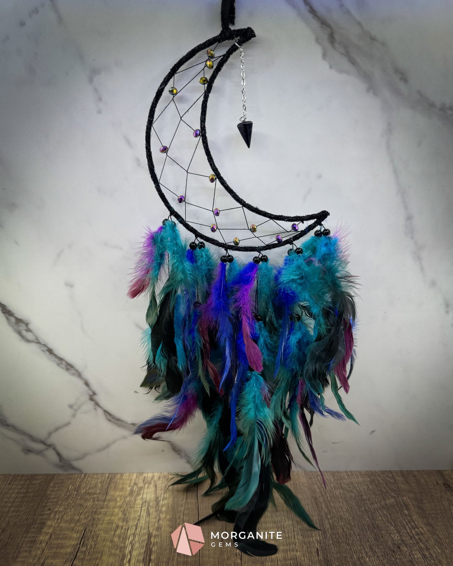 Medium Crescent Moon Dreamcatcher with Iridescent Beads & Black Purple Green Blue Feathers – Handmade by Guzel