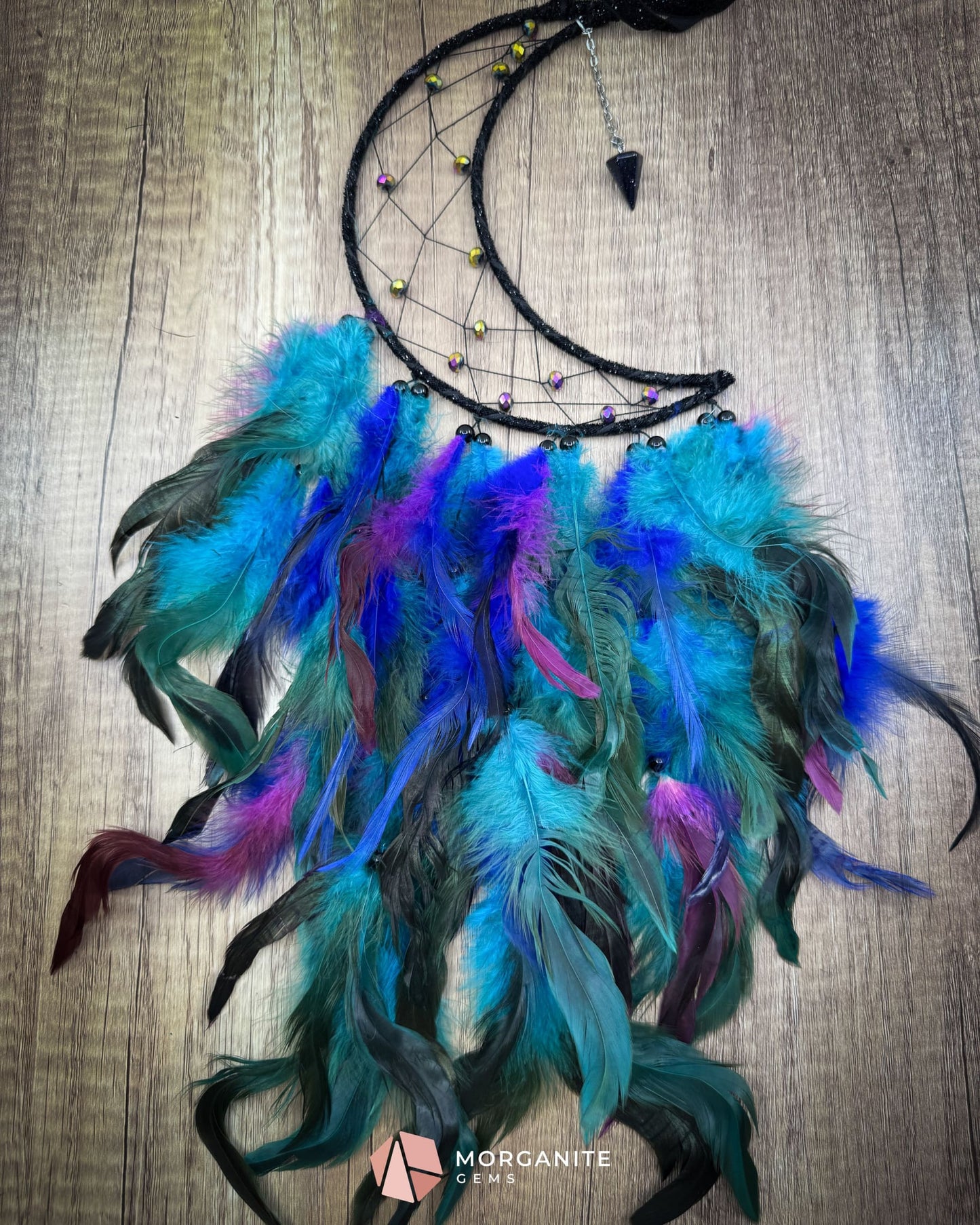 Medium Crescent Moon Dreamcatcher with Iridescent Beads & Black Purple Green Blue Feathers – Handmade by Guzel
