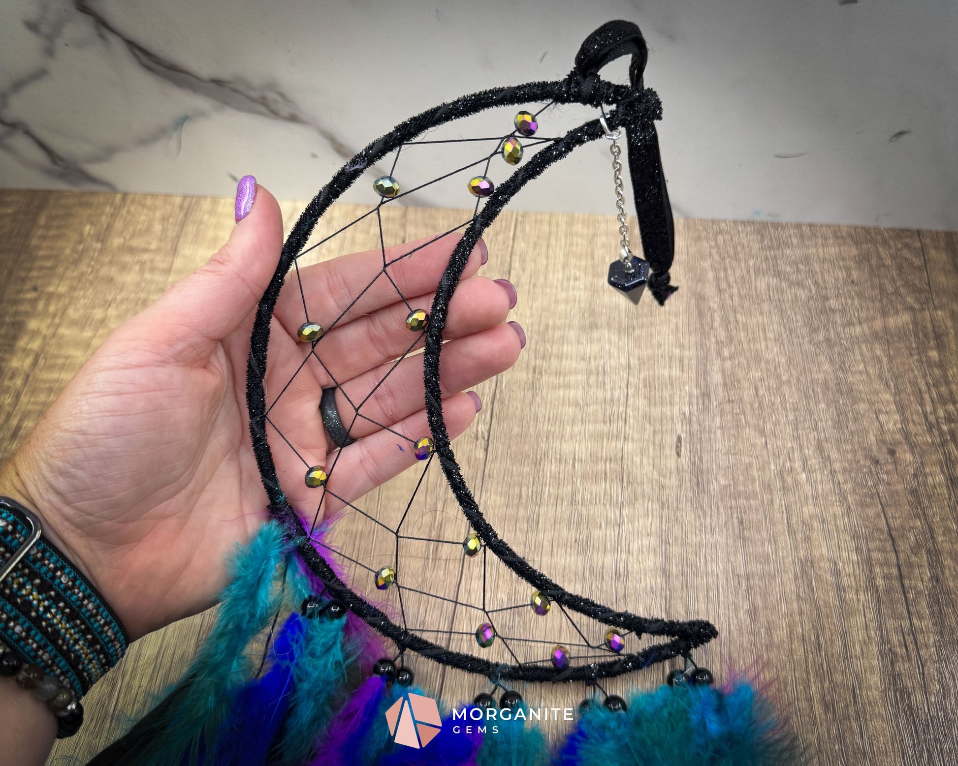 Medium Crescent Moon Dreamcatcher with Iridescent Beads & Black Purple Green Blue Feathers – Handmade by Guzel