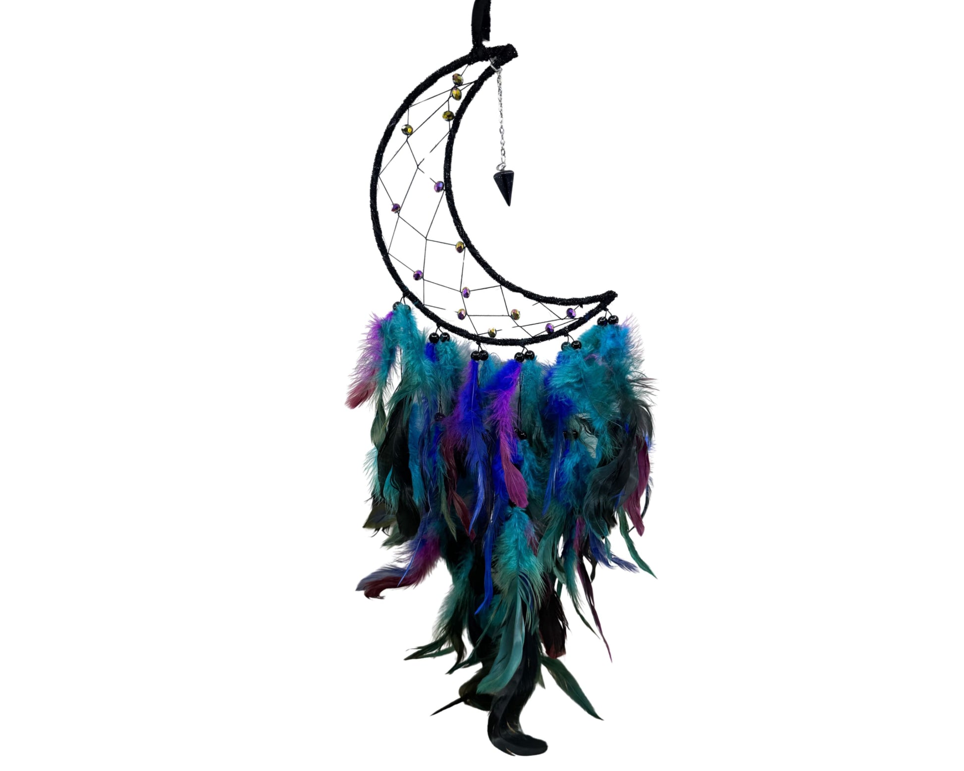 Medium Crescent Moon Dreamcatcher with Iridescent Beads & Black Purple Green Blue Feathers – Handmade by Guzel