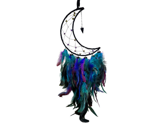Medium Crescent Moon Dreamcatcher with Iridescent Beads & Black Purple Green Blue Feathers – Handmade by Guzel
