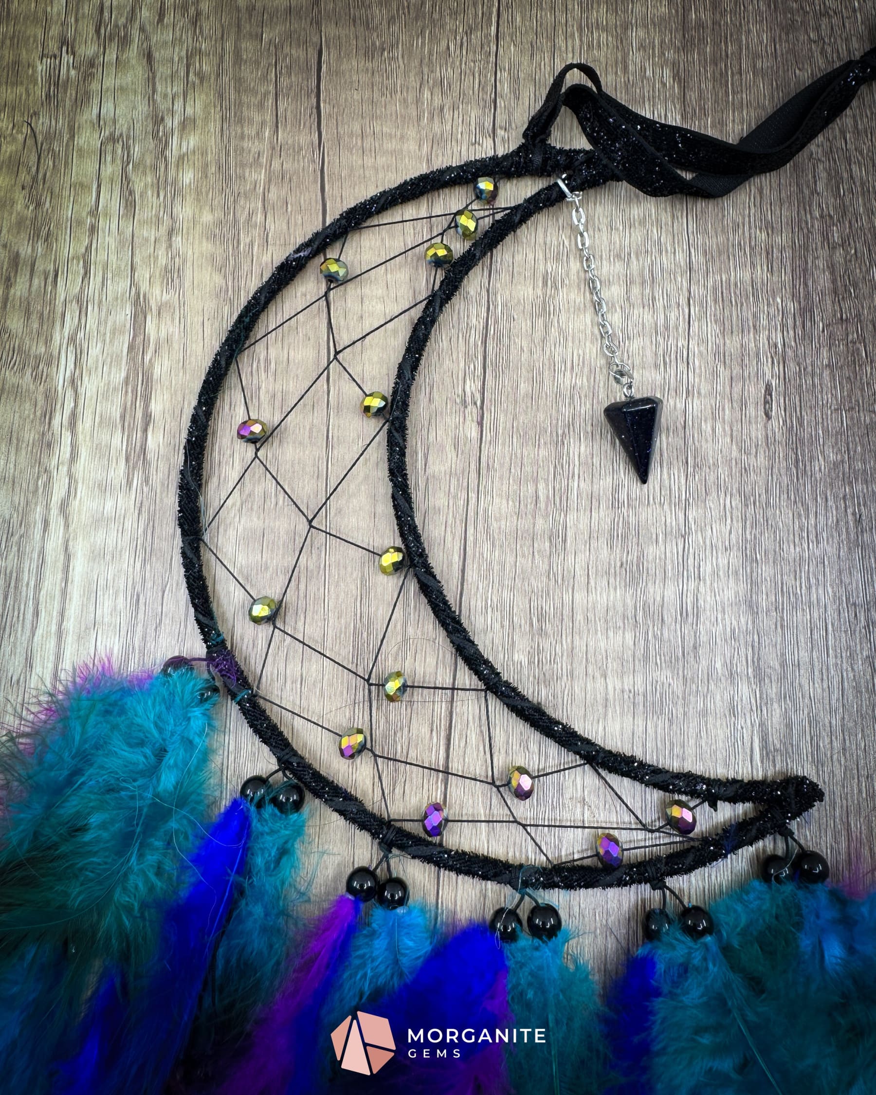 Medium Crescent Moon Dreamcatcher with Iridescent Beads & Black Purple Green Blue Feathers – Handmade by Guzel