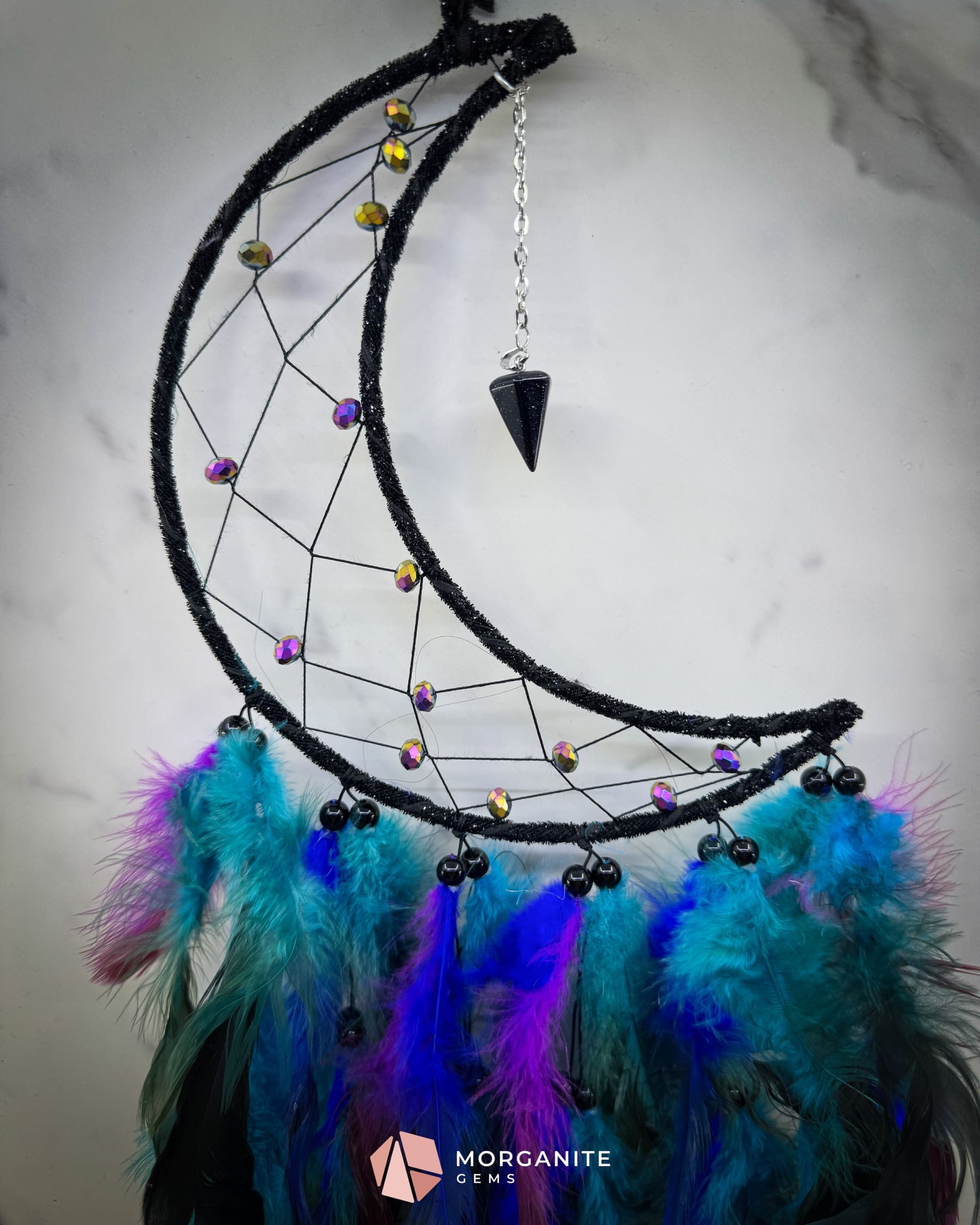 Medium Crescent Moon Dreamcatcher with Iridescent Beads & Black Purple Green Blue Feathers – Handmade by Guzel