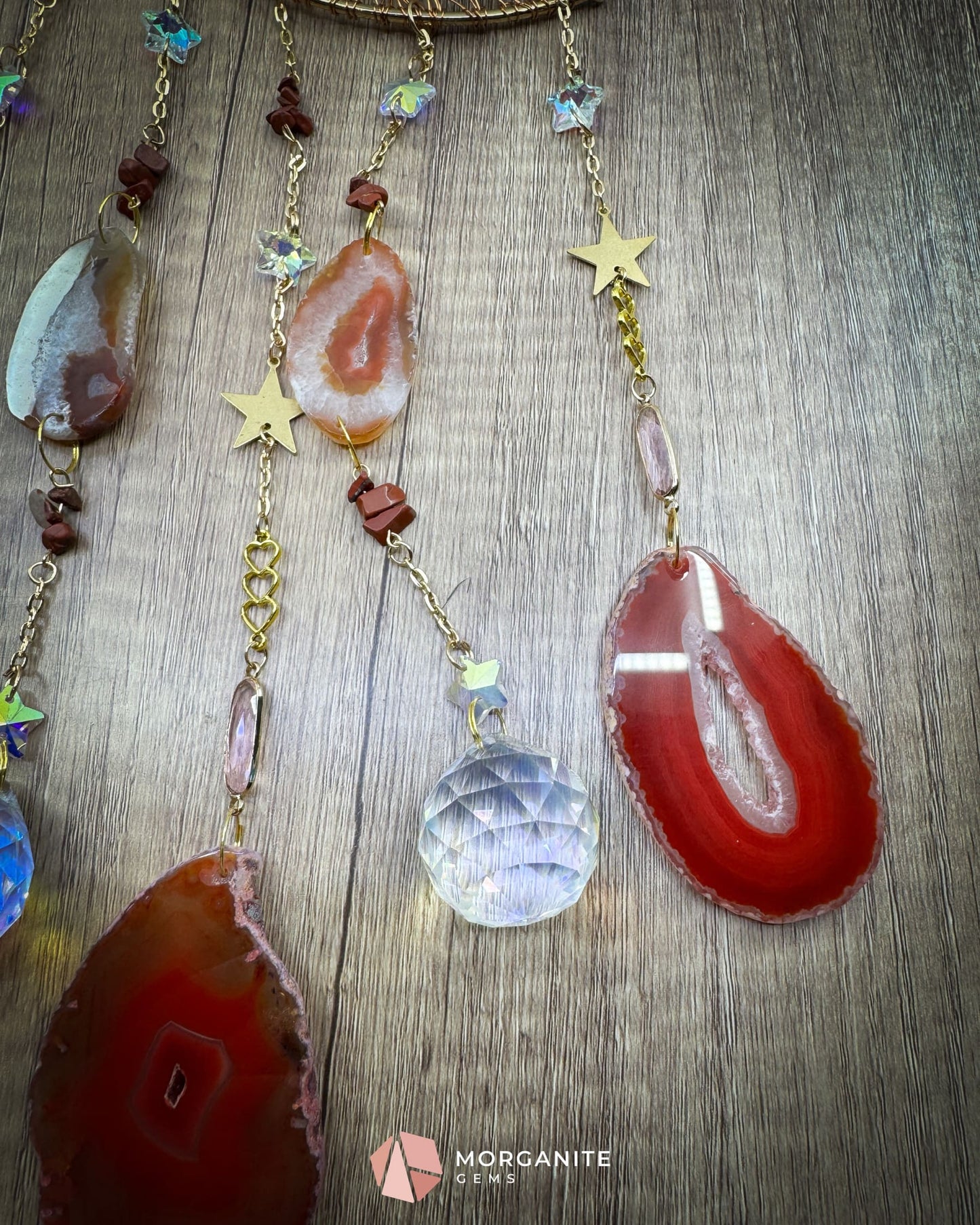 Medium Crescent Moon Dreamcatcher with Red Agate Copper Wire & Crystal Strands Home & Living