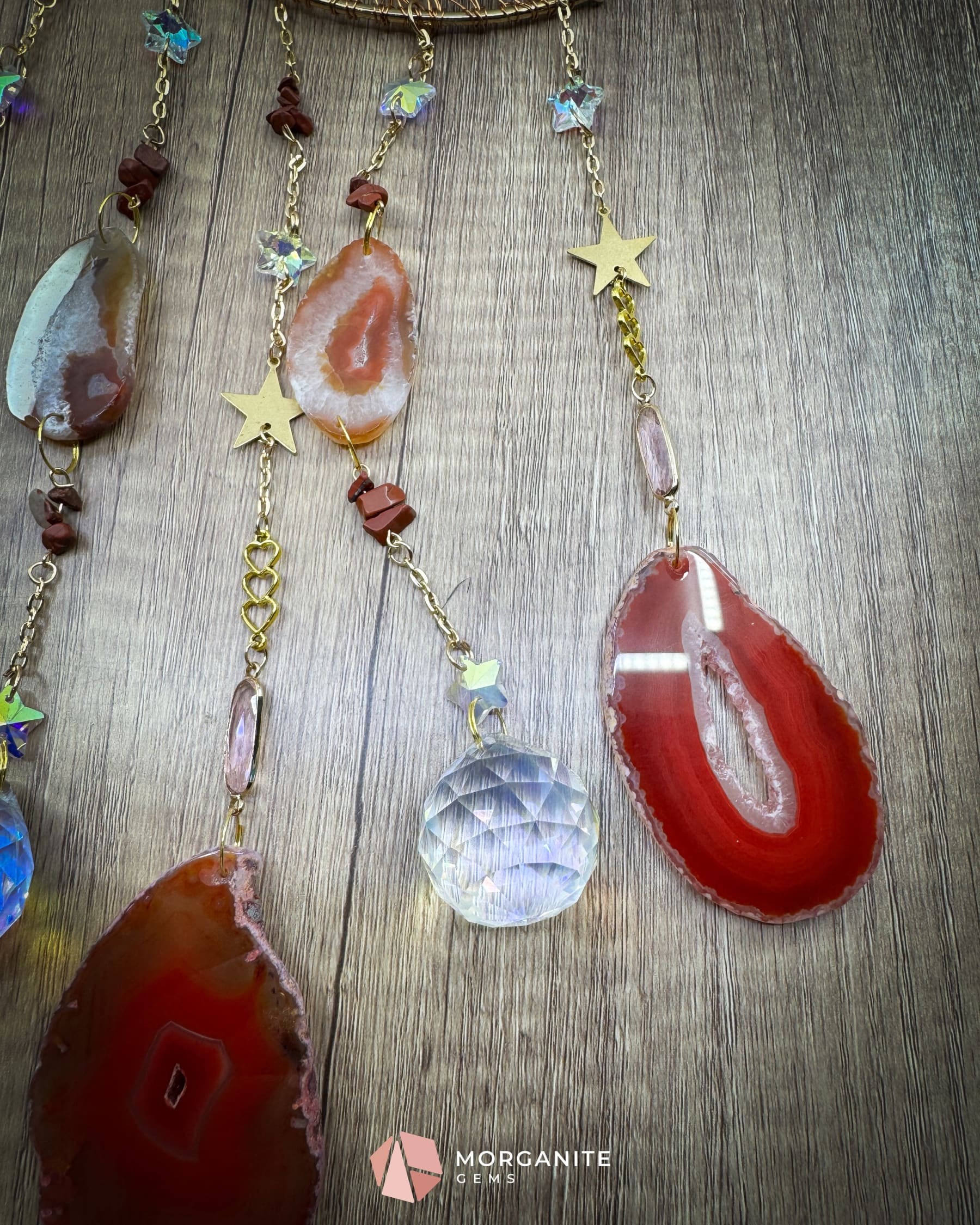 Medium Crescent Moon Dreamcatcher with Red Agate Copper Wire & Crystal Strands Home & Living