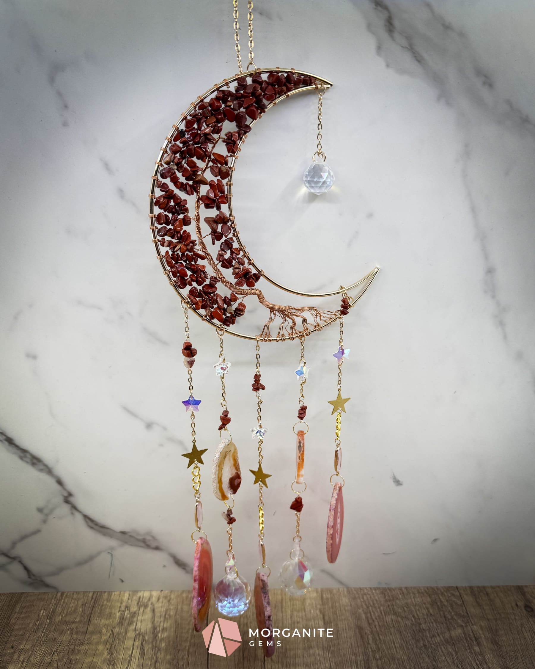 Medium Crescent Moon Dreamcatcher with Red Agate Copper Wire & Crystal Strands Home & Living