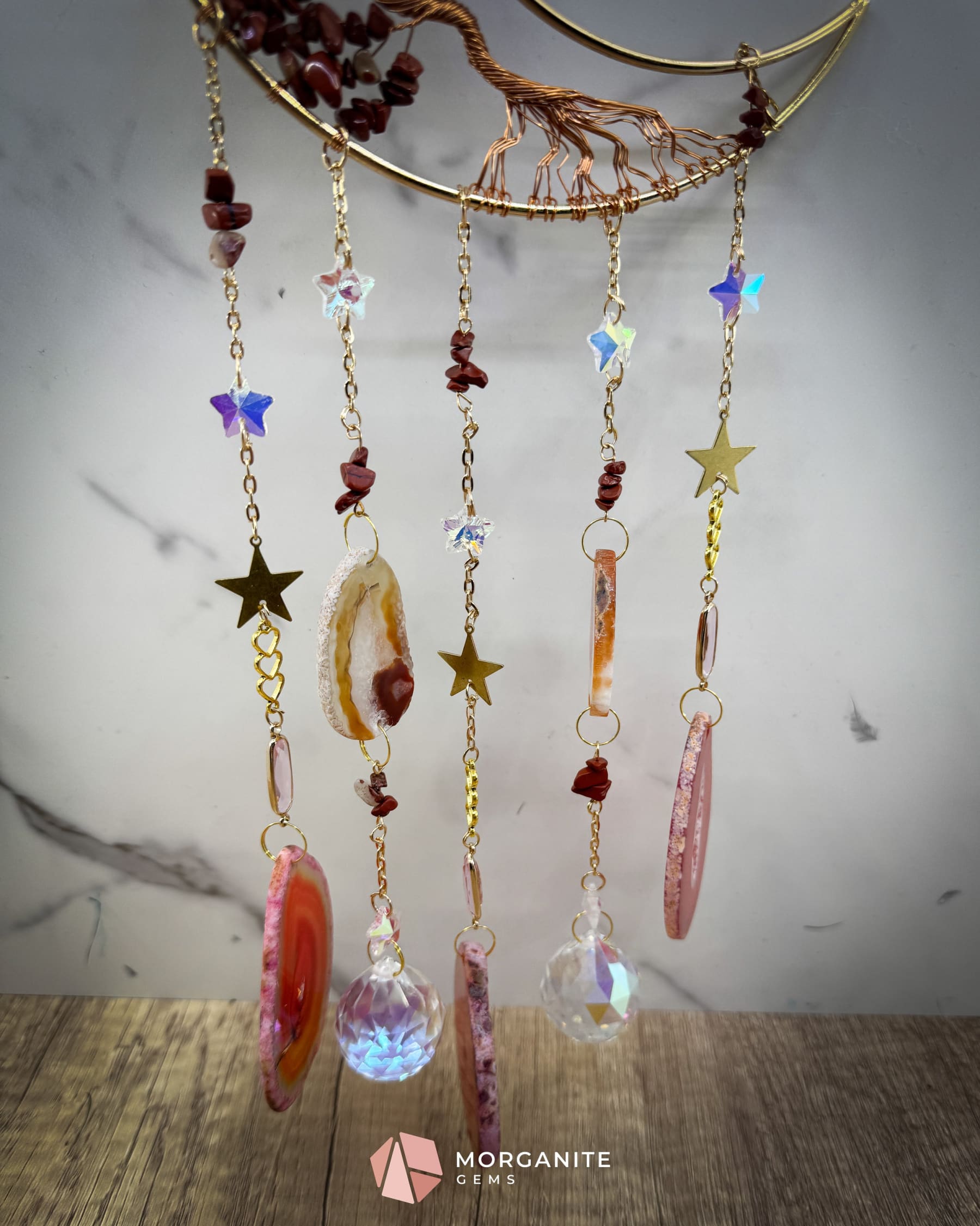 Medium Crescent Moon Dreamcatcher with Red Agate Copper Wire & Crystal Strands Home & Living