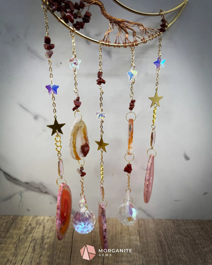 Medium Crescent Moon Dreamcatcher with Red Agate Copper Wire & Crystal Strands Home & Living